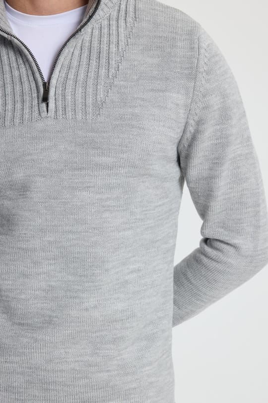Erkek Slim Fit Dar Kesim Armürlü Fermuarlı Gri Dik Yaka Kazak