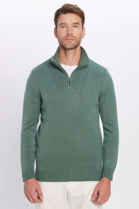 Erkek Slim Fit Dar Kesim Armürlü Fermuarlı Yeşil Dik Yaka Kazak