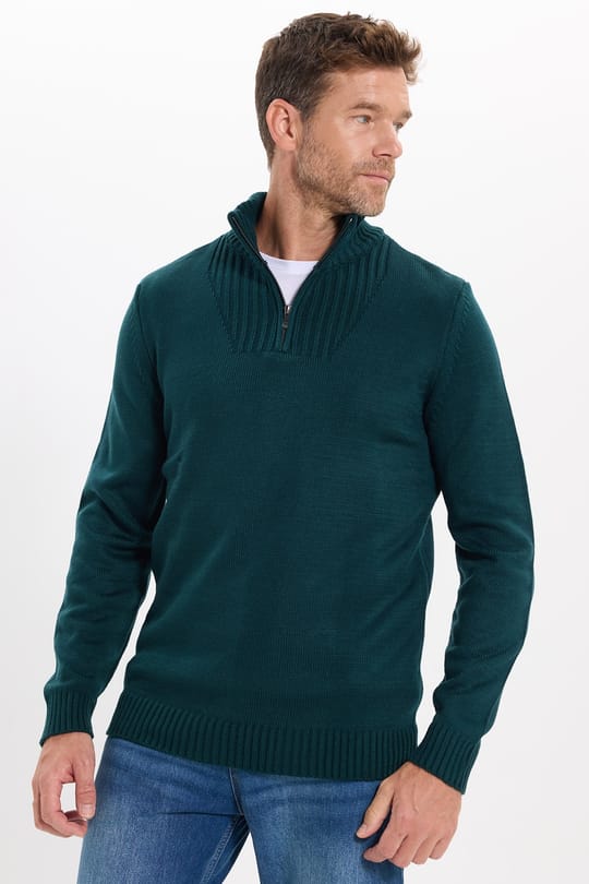 Erkek Slim Fit Dar Kesim Armürlü Fermuarlı Yeşil Dik Yaka Kazak