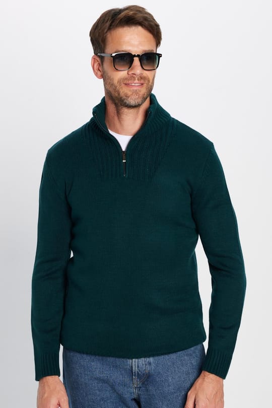 Erkek Slim Fit Dar Kesim Armürlü Fermuarlı Yeşil Dik Yaka Kazak