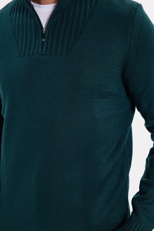 Erkek Slim Fit Dar Kesim Armürlü Fermuarlı Yeşil Dik Yaka Kazak