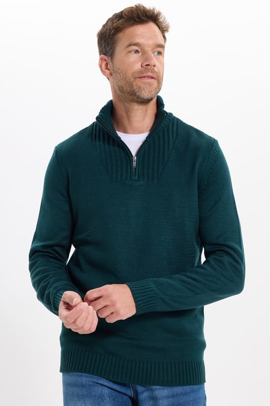 Erkek Slim Fit Dar Kesim Armürlü Fermuarlı Yeşil Dik Yaka Kazak