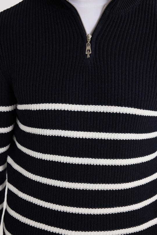 Erkek Slim Fit Fermuarlı Dik Yaka Çizgili Pamuklu Triko Kazak