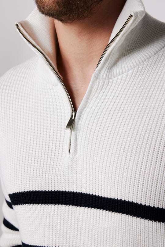 Erkek Slim Fit Fermuarlı Dik Yaka Çizgili Pamuklu Triko Kazak