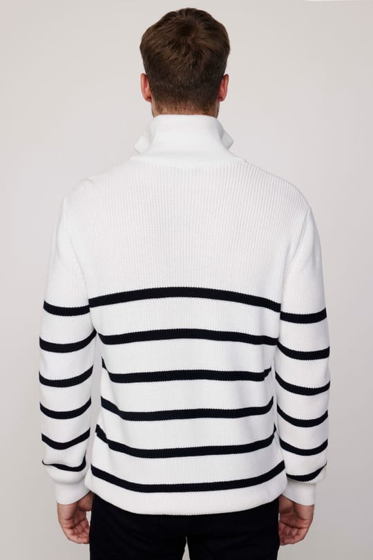 Erkek Slim Fit Fermuarlı Dik Yaka Çizgili Pamuklu Triko Kazak