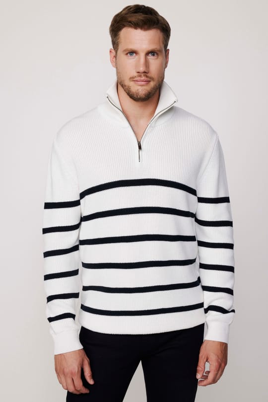 Erkek Slim Fit Fermuarlı Dik Yaka Çizgili Pamuklu Triko Kazak