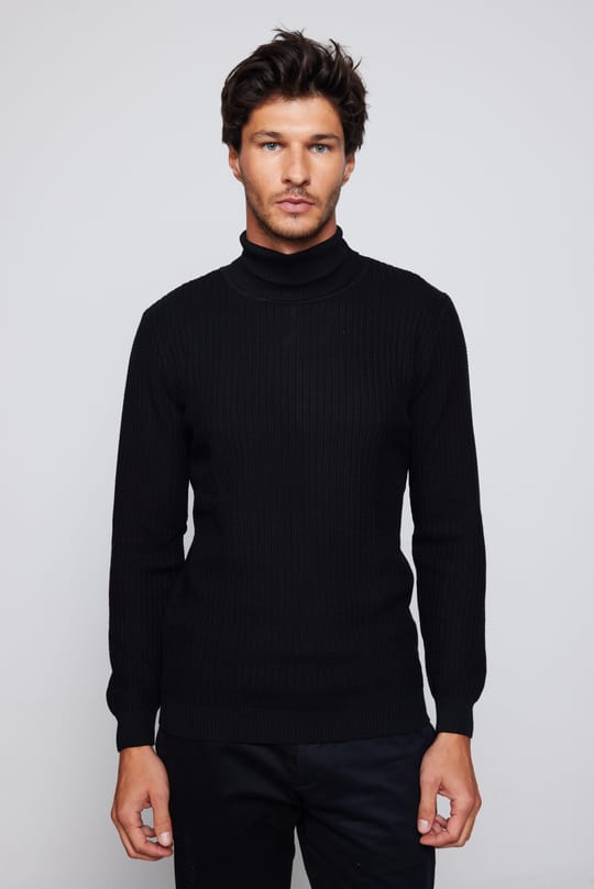Erkek Slim Fit Tam Boğazlı Tüylenmeye Karşı Dirençli Siyah Kazak