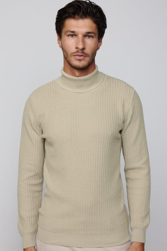 Slim Fit Tam Boğazlı Tüylenme Yapmayan Taş Rengi Erkek Kazak