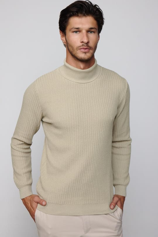 Slim Fit Tam Boğazlı Tüylenme Yapmayan Taş Rengi Erkek Kazak