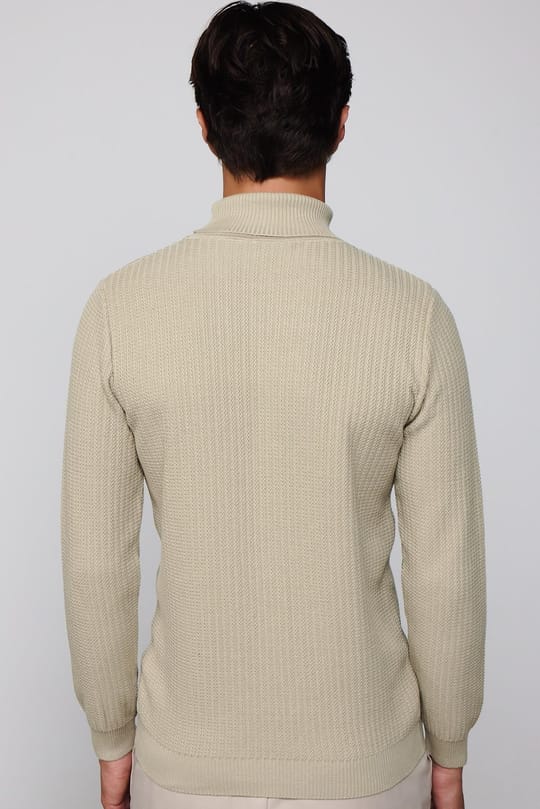 Slim Fit Tam Boğazlı Tüylenme Yapmayan Taş Rengi Erkek Kazak