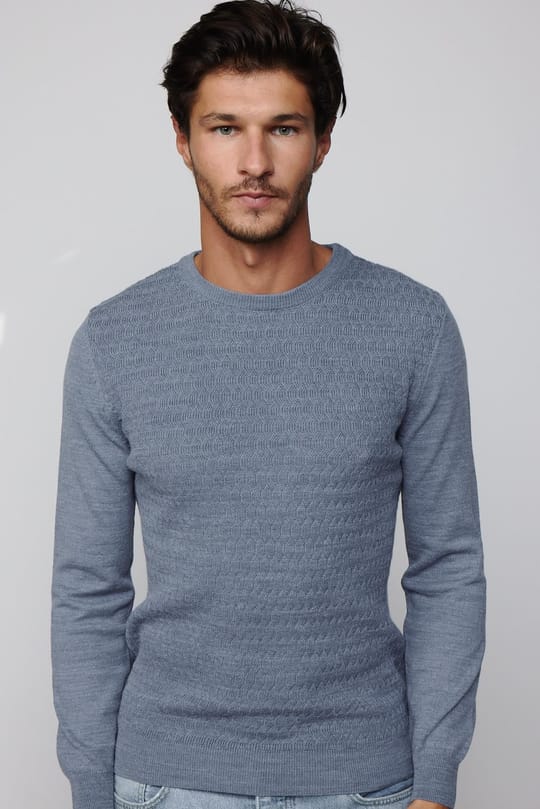 Slim Fit Bisiklet Yaka Kendinden Desenli İndigo Erkek Triko Kazak