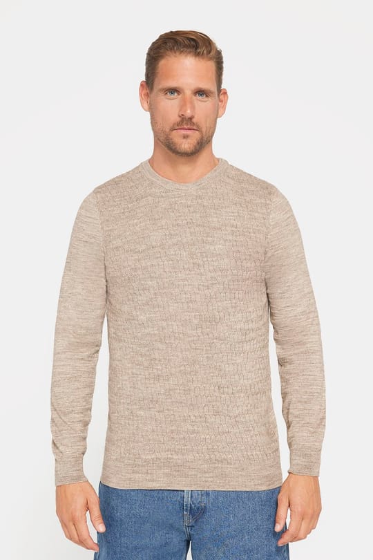 Slim Fit Bisiklet Yaka Kendinden Desenli Bej Erkek Triko Kazak