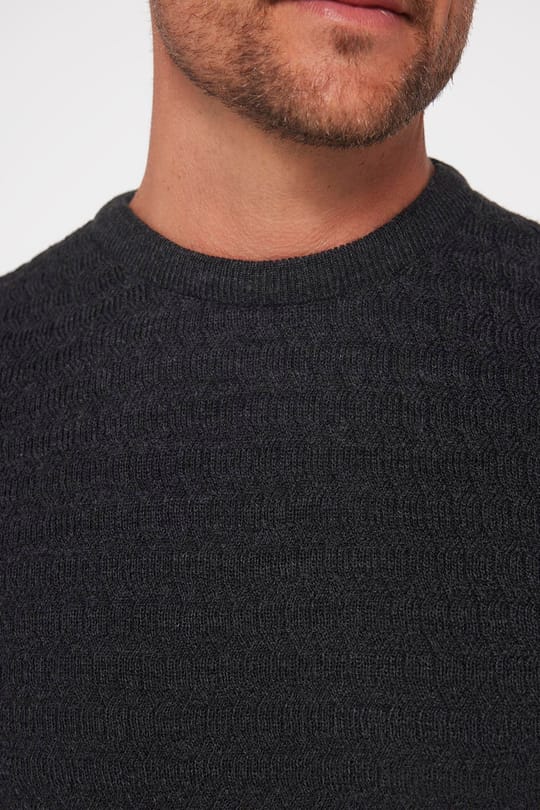 Slim Fit Bisiklet Yaka Kendinden Desenli Antrasit Erkek Triko Kazak