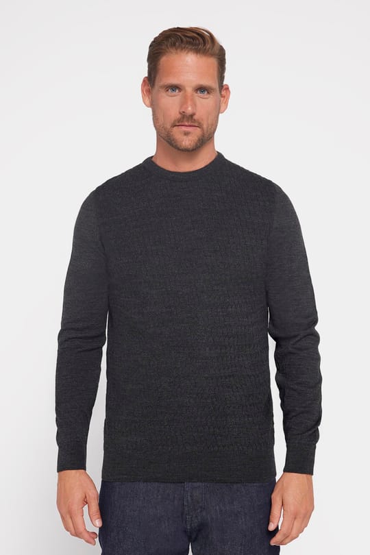 Slim Fit Bisiklet Yaka Kendinden Desenli Antrasit Erkek Triko Kazak
