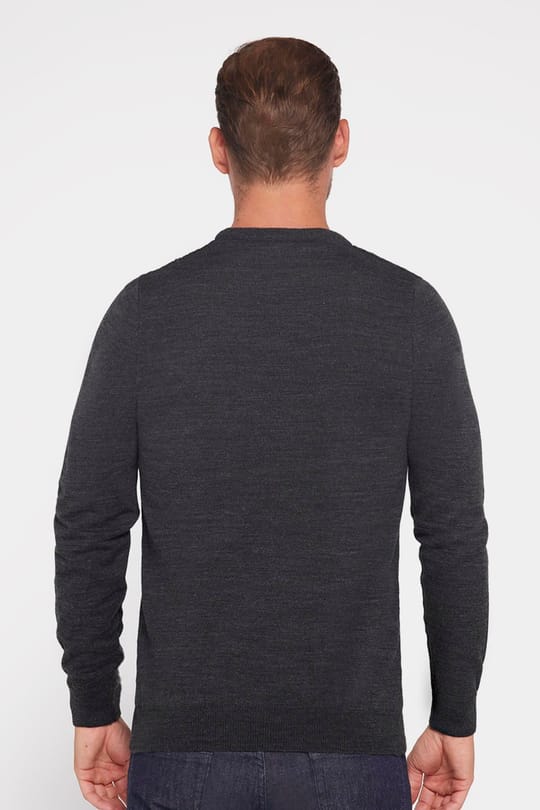 Slim Fit Bisiklet Yaka Kendinden Desenli Antrasit Erkek Triko Kazak