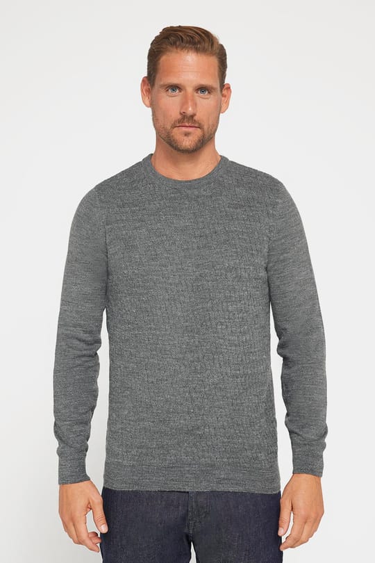 Slim Fit Bisiklet Yaka Kendinden Desenli Gri Erkek Triko Kazak