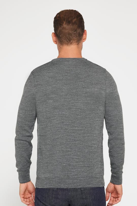 Slim Fit Bisiklet Yaka Kendinden Desenli Gri Erkek Triko Kazak