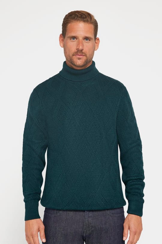 Slim Fit Dar Kesim Tam Balıkçı Yaka Desenli Yeşil Erkek Triko Triko Kazak