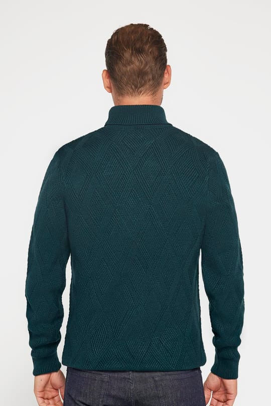 Slim Fit Dar Kesim Tam Balıkçı Yaka Desenli Yeşil Erkek Triko Triko Kazak