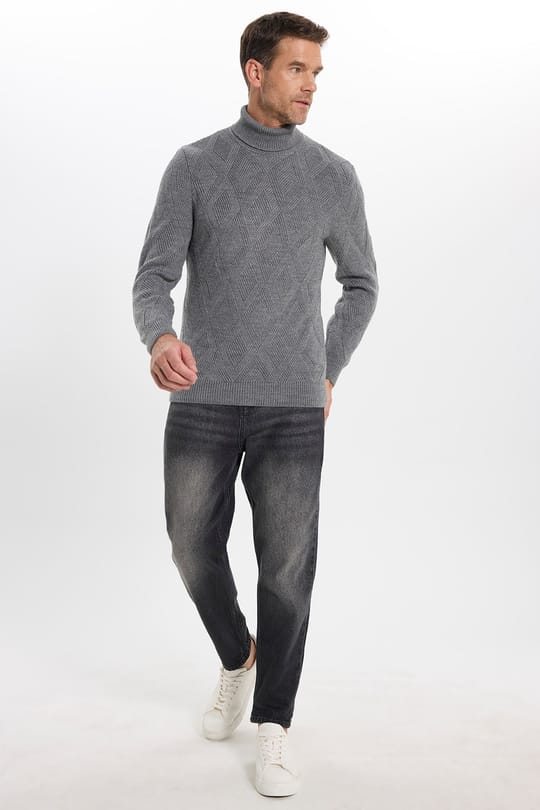 Slim Fit Dar Kesim Tam Balıkçı Yaka Desenli Gri Erkek Triko Kazak