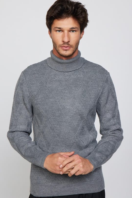 Slim Fit Dar Kesim Tam Balıkçı Yaka Desenli Gri Erkek Triko Kazak
