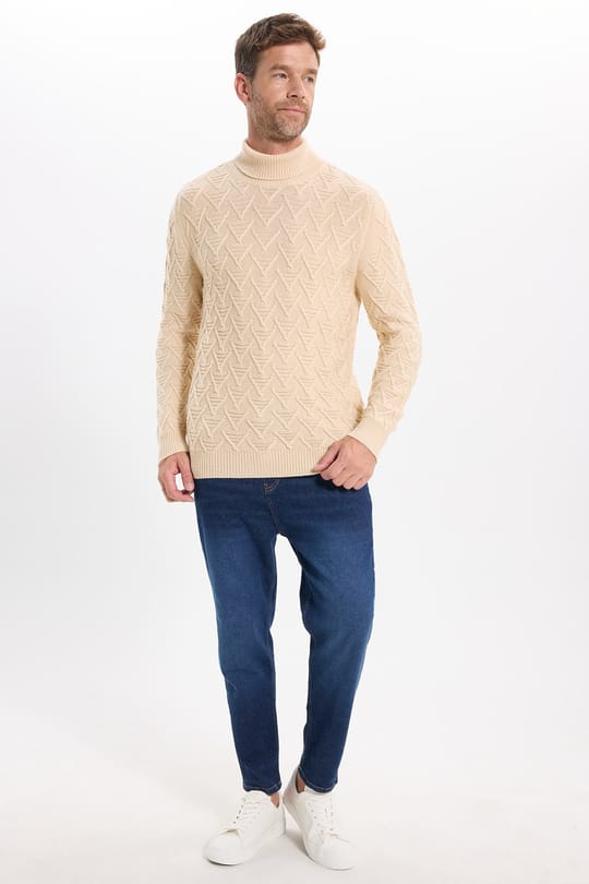 Slim Fit Dar Kesim Tam Balıkçı Yaka Desenli Bej Erkek Triko Kazak