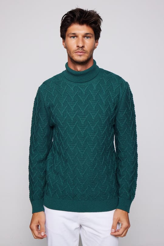 Slim Fit Dar Kesim Tam Balıkçı Yaka Desenli Erkek Triko Kazak