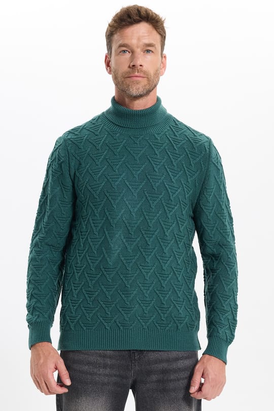 Slim Fit Dar Kesim Tam Balıkçı Yaka Desenli Erkek Triko Kazak