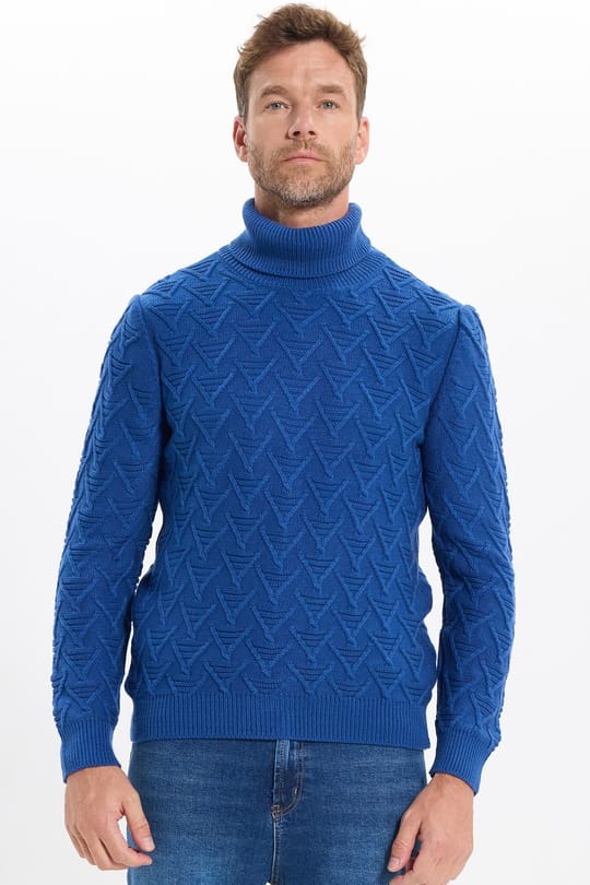 Slim Fit Dar Kesim Tam Balıkçı Yaka Desenli Lacivert Erkek Triko Kazak