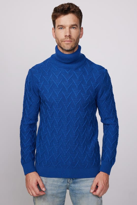 Slim Fit Dar Kesim Tam Balıkçı Yaka Desenli Lacivert Erkek Triko Kazak