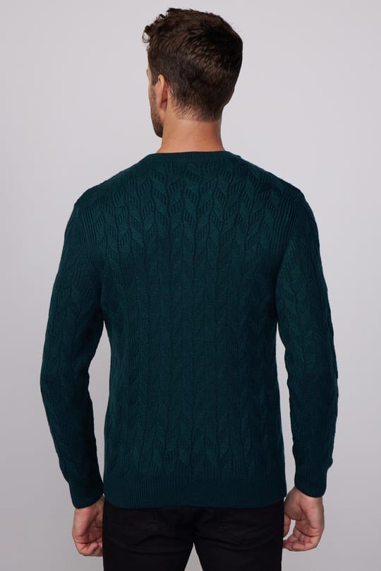 Erkek Slim Fit Bisiklet Yaka Desenli Yeşil Triko Kazak