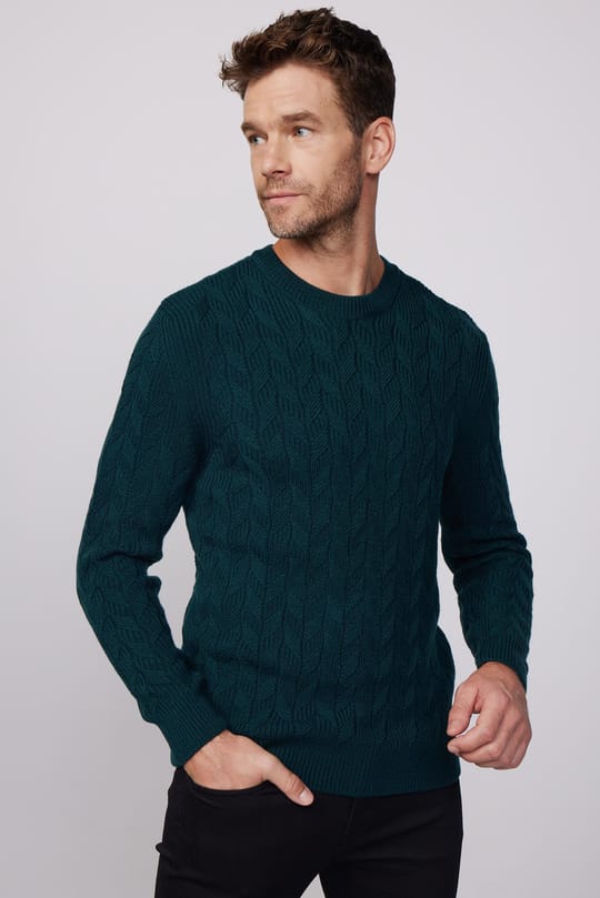 Erkek Slim Fit Bisiklet Yaka Desenli Yeşil Triko Kazak