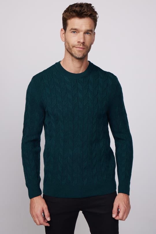 Erkek Slim Fit Bisiklet Yaka Desenli Yeşil Triko Kazak