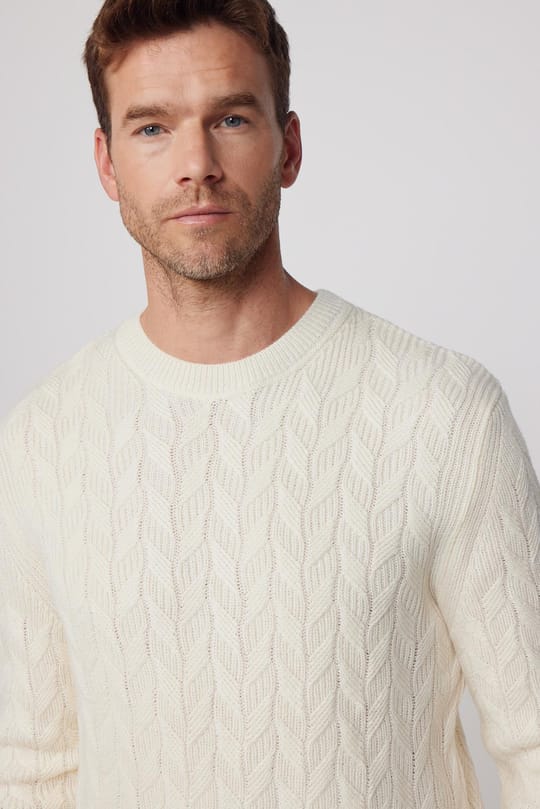 Slim Fit Bisiklet Yaka Desenli Ekru Erkek Triko Kazak