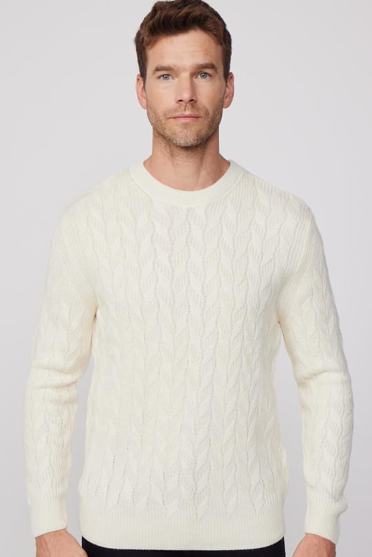Slim Fit Bisiklet Yaka Desenli Ekru Erkek Triko Kazak