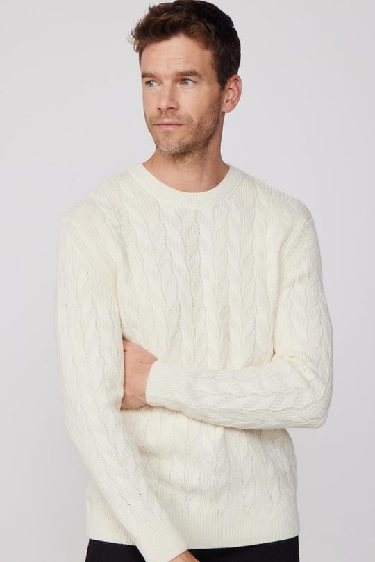 Slim Fit Bisiklet Yaka Desenli Ekru Erkek Triko Kazak