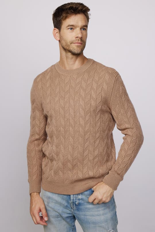 Erkek Slim Fit Bisiklet Yaka Desenli Krem Triko Kazak