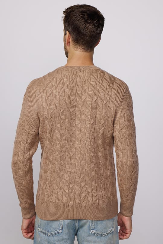 Erkek Slim Fit Bisiklet Yaka Desenli Krem Triko Kazak