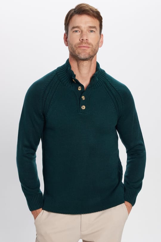 Erkek Slim Fit Dar Kesim Dik Yaka Düğmeli Triko Yeşil Triko Kazak