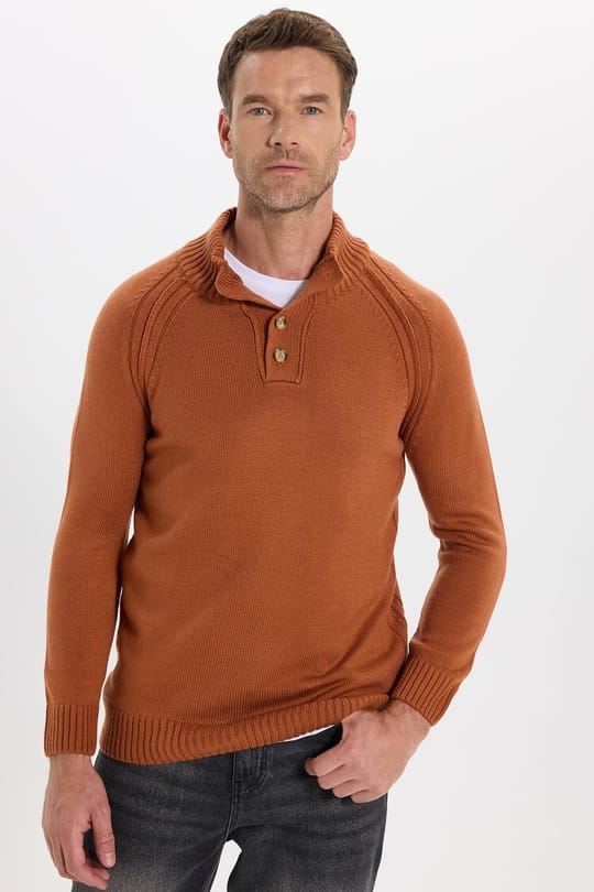Erkek Slim Fit Dar Kesim Dik Yaka Düğmeli Tarçın Triko Kazak
