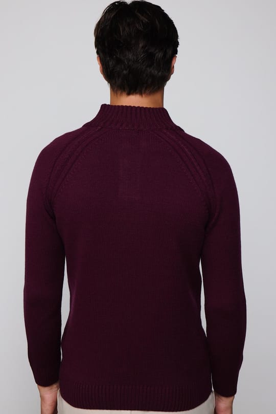 Erkek Slim Fit Dar Kesim Dik Yaka Düğmeli Bordo Triko Kazak