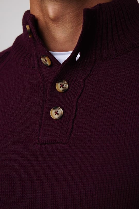 Erkek Slim Fit Dar Kesim Dik Yaka Düğmeli Bordo Triko Kazak