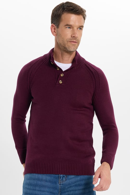 Erkek Slim Fit Dar Kesim Dik Yaka Düğmeli Bordo Triko Kazak