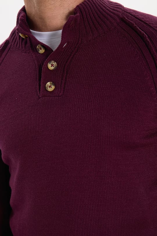Erkek Slim Fit Dar Kesim Dik Yaka Düğmeli Bordo Triko Kazak