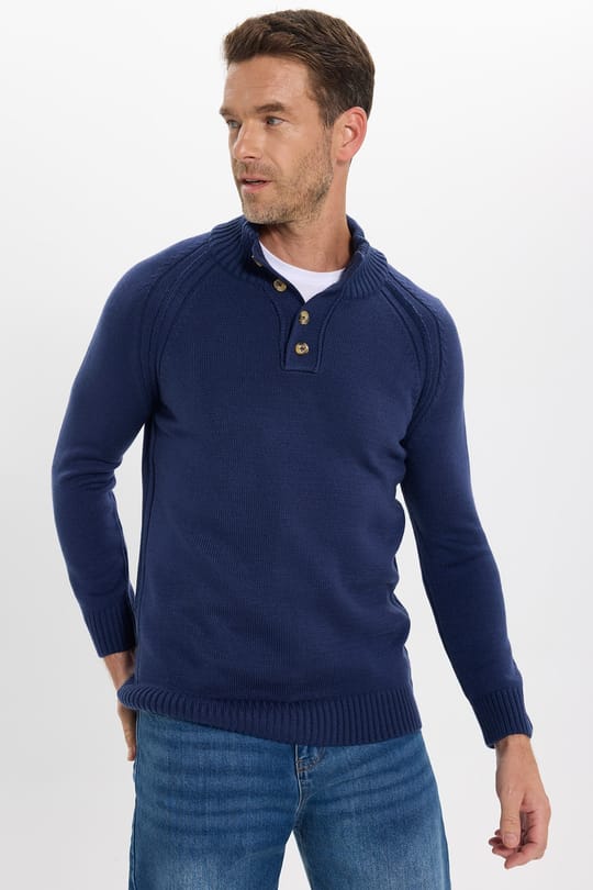Erkek Slim Fit Dar Kesim Dik Yaka Düğmeli Lacivert Triko Kazak