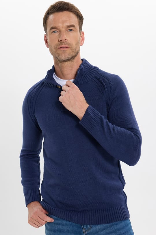 Erkek Slim Fit Dar Kesim Dik Yaka Düğmeli Lacivert Triko Kazak