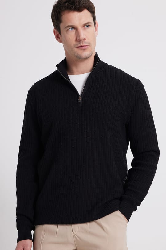 Erkek Slim Fit Dar Kesim Dik Yaka Fermuarlı Siyah Kazak