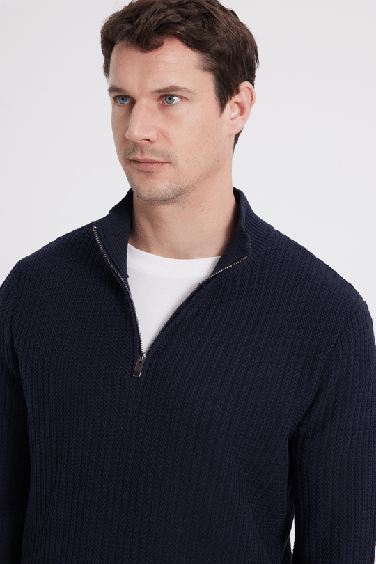 Erkek Slim Fit Dar Kesim Dik Yaka Fermuarlı Desenli Lacivert Triko Kazak