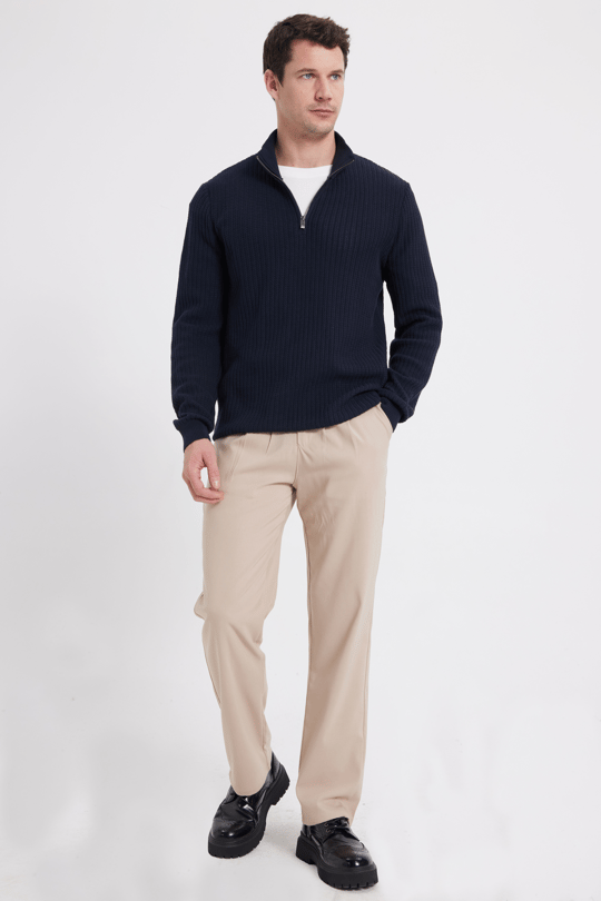 Erkek Slim Fit Dar Kesim Dik Yaka Fermuarlı Desenli Lacivert Triko Kazak