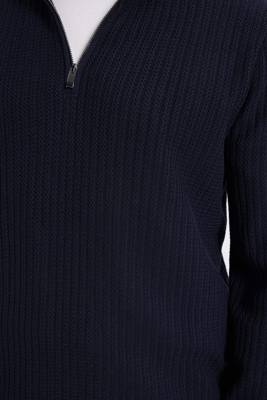 Erkek Slim Fit Dar Kesim Dik Yaka Fermuarlı Desenli Lacivert Triko Kazak